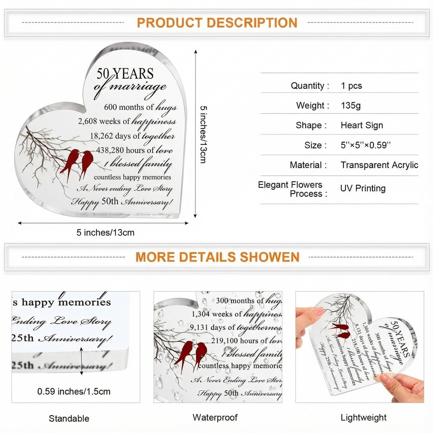 Qunclay 50th Years of Marriage Gift Wedding Anniversary Souvenir Heart Marriage Keepsake Decoration Present for Couple Parent Women Mom Husband Wife He She Friend Grandparents
