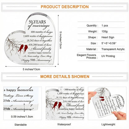 Qunclay 50th Years of Marriage Gift Wedding Anniversary Souvenir Heart Marriage Keepsake Decoration Present for Couple Parent Women Mom Husband Wife He She Friend Grandparents