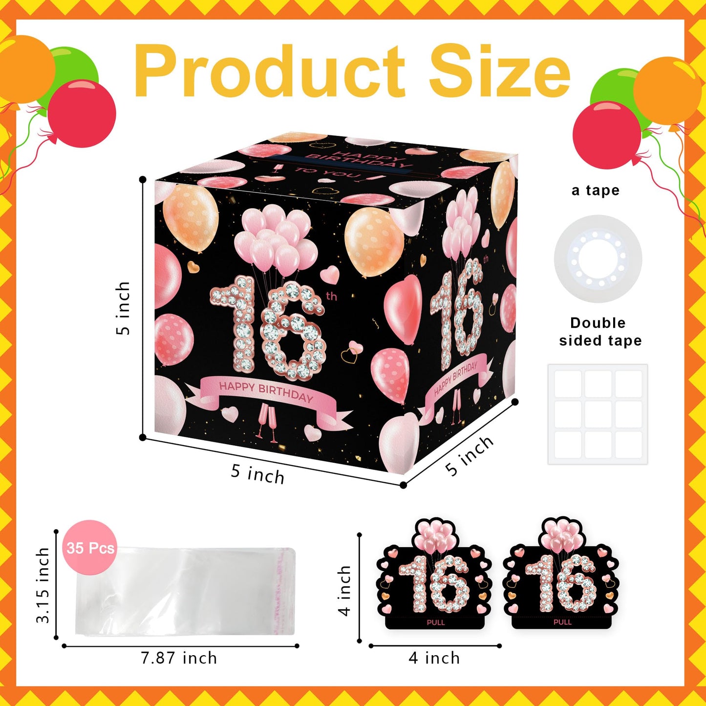 Happy 16th Birthday Money Box for Cash Gift, Pink Gold Surprise Birthday Gift Set, Birthday Surprise Box for Kids Boys Girls, - Fun and Loving Way to Offer Cash Gift(with 35PCS Bags)