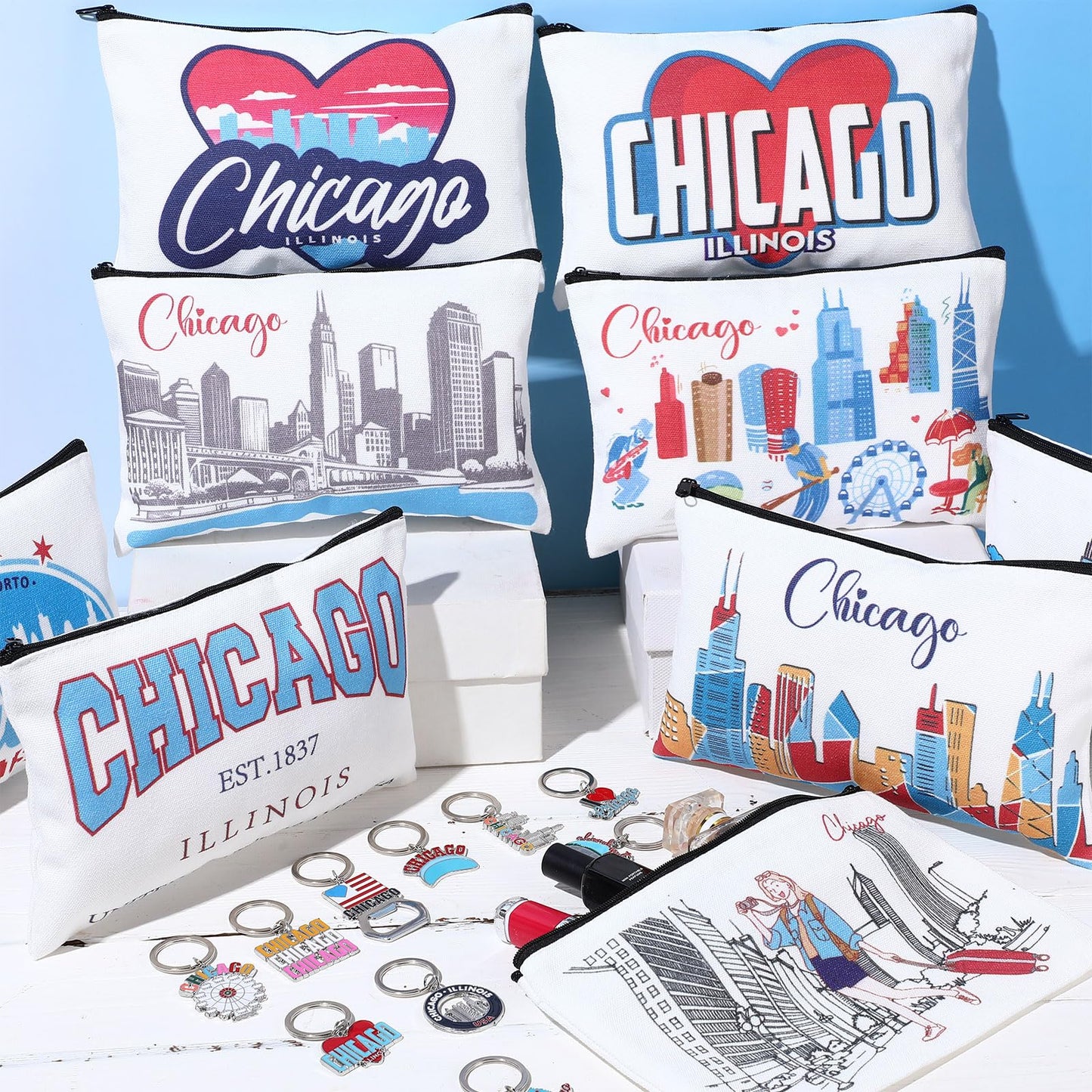 Reginary 24 Pcs State Souvenir Gifts 12 Metal Keychain 12 Cosmetic Bag USA Souvenir Themed Gifts for Traveler Christmas Party(Chicago)