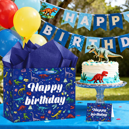 LUUFILx Dinosaur Happy Birthday Gift Bag for Boys Girls Dinosaur Wrapping Paper with Tissue Paper Greeting Card Blue Dinosaur Design Wrap Bag for Bday Baby Shower Party Decoration Supplies