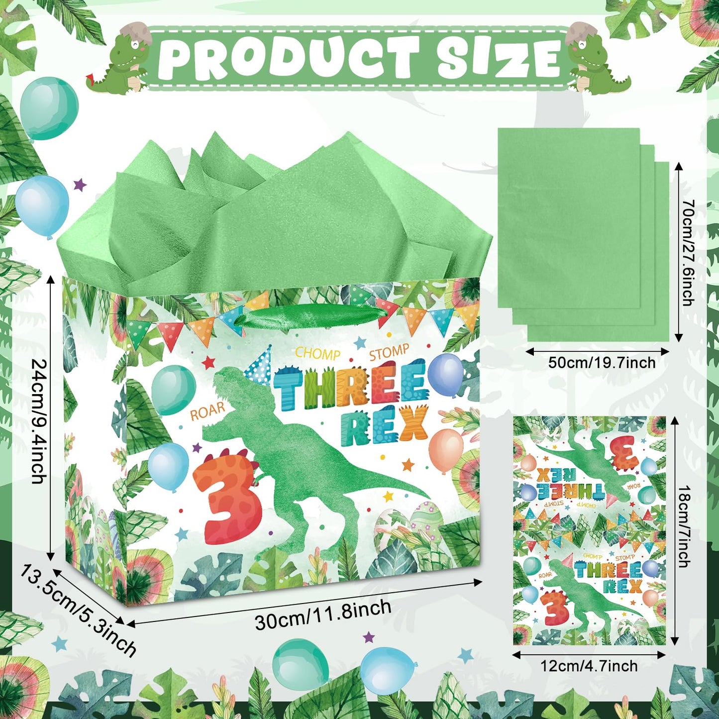 Peconal 3rd Birthday Gift Bag Dinosaur 3rd Birthday Party Decorations Three Rex Dinosaur Gift Wrapping Paper Bag with Tissue Paper for Boys Dino Age 3 Year Old Party Favors Supplies