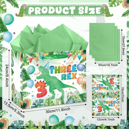 Peconal 3rd Birthday Gift Bag Dinosaur 3rd Birthday Party Decorations Three Rex Dinosaur Gift Wrapping Paper Bag with Tissue Paper for Boys Dino Age 3 Year Old Party Favors Supplies