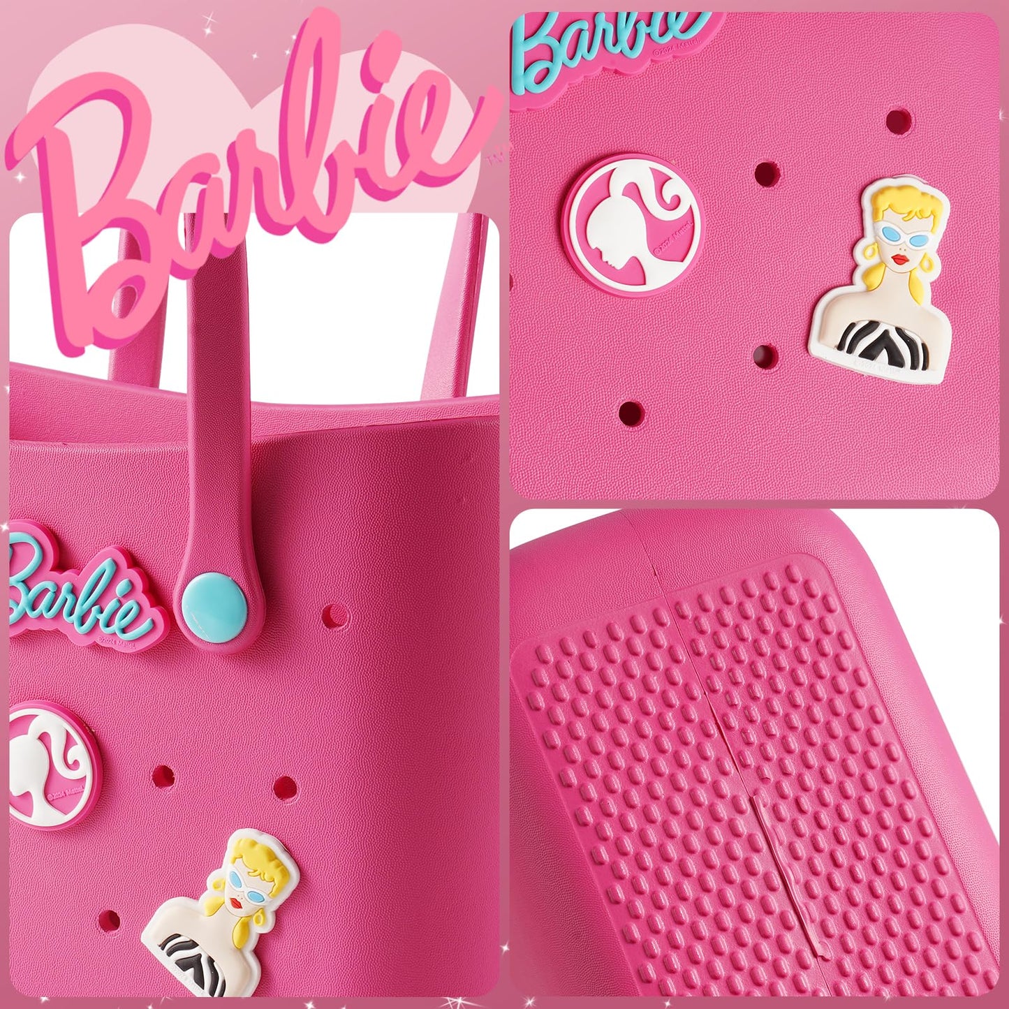 MINISO Barbie Tote Bag, Reusable Small Rubber Waterproof Bag, Cute Design Practical And Portable Handbag for Work Travel (ROSE)