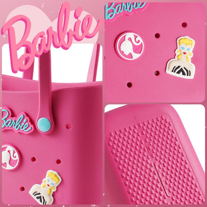 MINISO Barbie Tote Bag, Reusable Small Rubber Waterproof Bag, Cute Design Practical And Portable Handbag for Work Travel (ROSE)