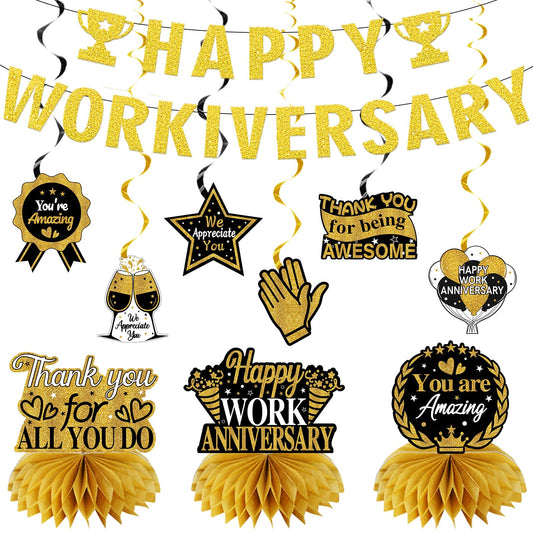 Zirtorei Happy Workiversary Decorations for Men Women Employee, 11pcs Black Gold Work Anniversary Banner Party Supplies, Workiversary Honeycomb Centerpieces Hanging Swirls Business Gift for Office