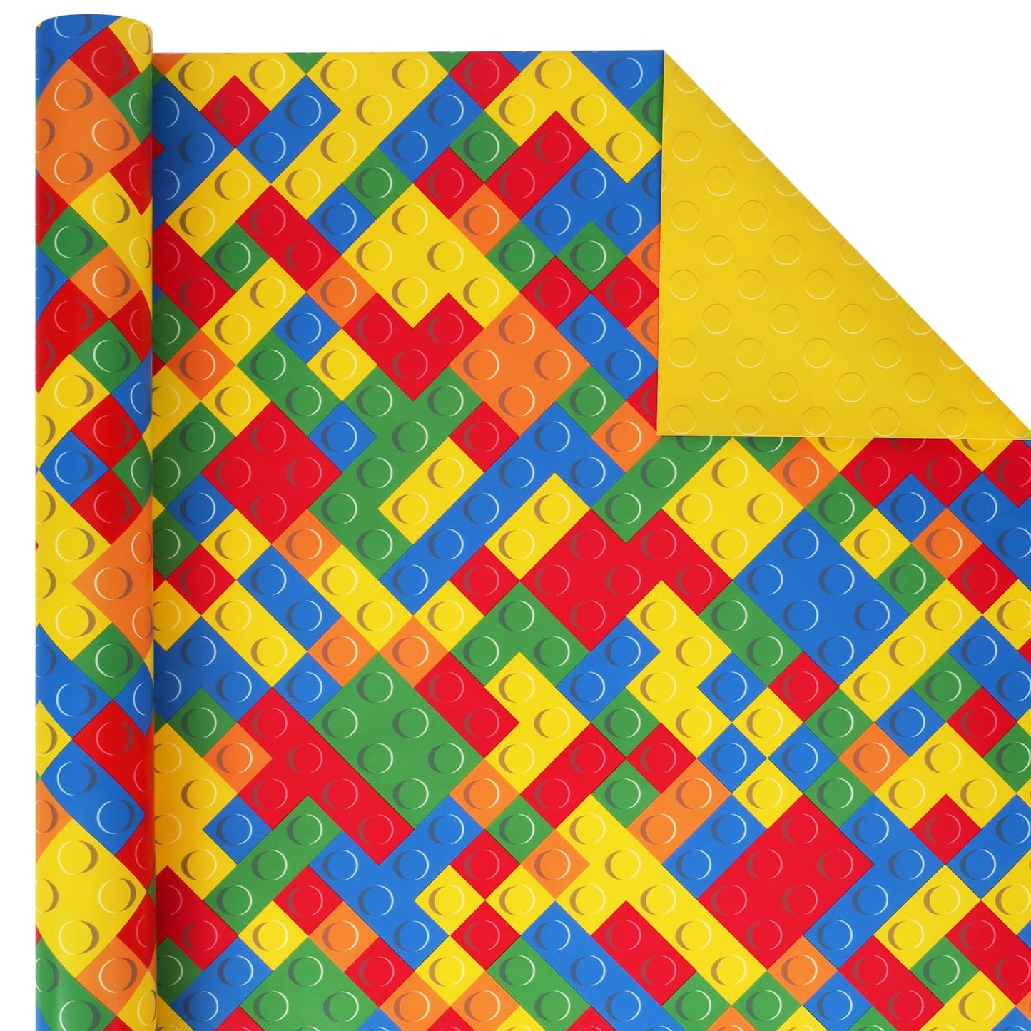 BIOBROWN Reversible Building Blocks Wrapping Paper for Boys Girls - 17 Inch X 33 Ft - Colorful Building Bricks Design Gift Wrap Paper for Kids Birthday Party Toy Lovers