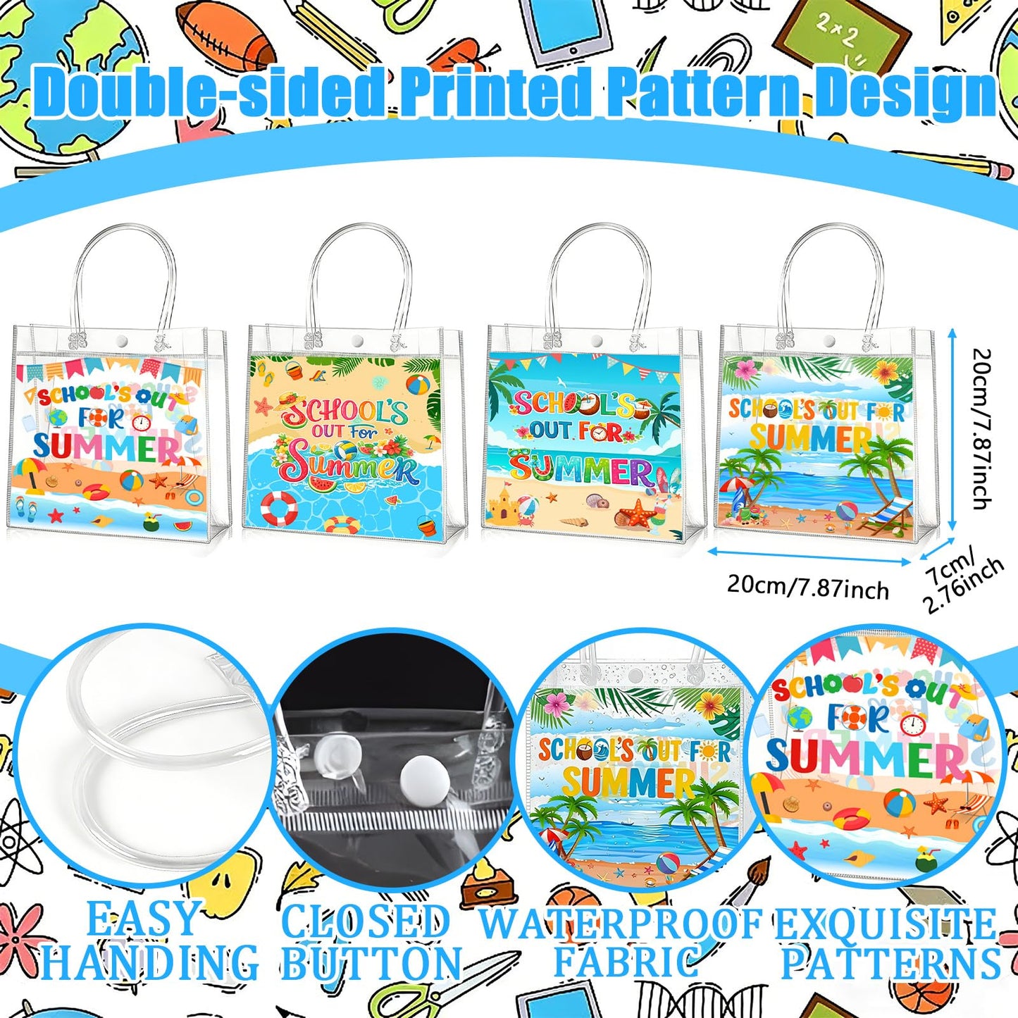 Zenoble 24 Pcs End of the Year Gifts Bags, School's Out for Summer Gift Clear PVC Bags with Handles Party Goodie Candy Treat Bag for Kids Students Teacher Beach Pool Party Favors Supplies