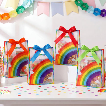 Aliceset 12 Pcs Rainbow Party Clear Goodie Bags with Handles Rainbow Theme Favor Bags with Ribbon Colorful Wrapping for Birthday Gay Pride Baby Shower Candy Snack Treat Wrapping Supplies, 10x7x3.15''