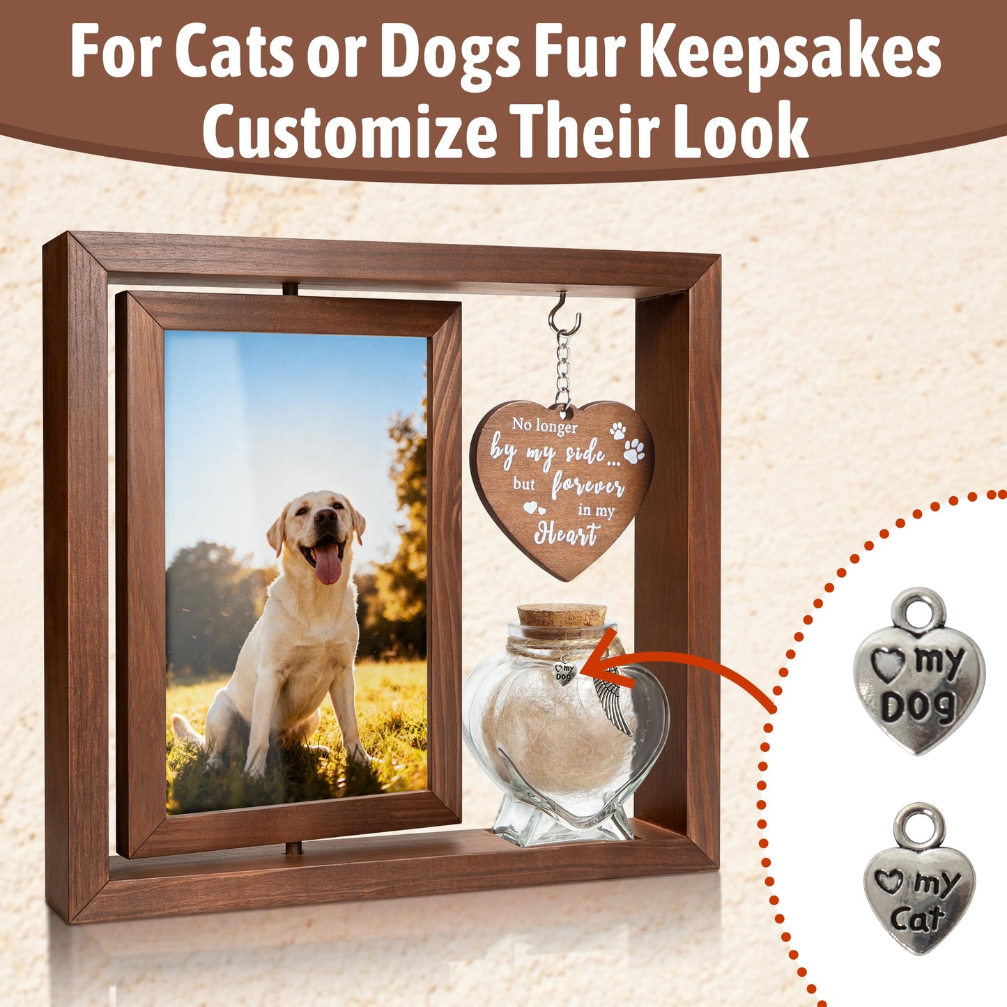 Cat Memorial Gifts for Loss of Cat - Rotating Wooden Frame for 4x6 Photo & Fur Hair Jar - Sympathy Gift for Pet Bereavement, Remembrance Keepsake - Rainbow Bridge Gift for Cat Lovers