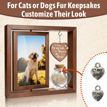 Cat Memorial Gifts for Loss of Cat - Rotating Wooden Frame for 4x6 Photo & Fur Hair Jar - Sympathy Gift for Pet Bereavement, Remembrance Keepsake - Rainbow Bridge Gift for Cat Lovers