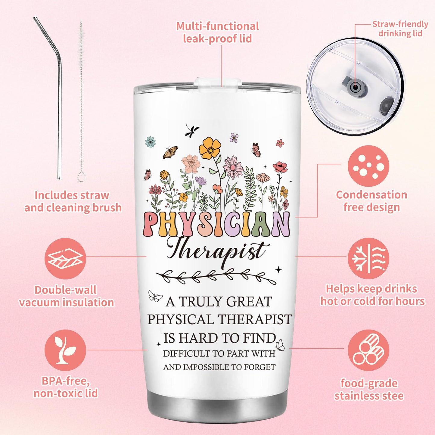 CRASHOT Physical Therapist Gifts for Women, Physical Therapist Appreciation Gift Set, Includes 20 oz Tumbler with Brush & Straw, Birthday Christmas Thanks Present