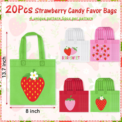 20Pcs Strawberry Party Favor Bags, Strawberry Party Decorations Strawberry Non-Woven Candy Goody Treat Bag for Strawberry Fruit Theme Baby Shower Sweet One Strawberry Birthday Wedding Snack Gifts Bags