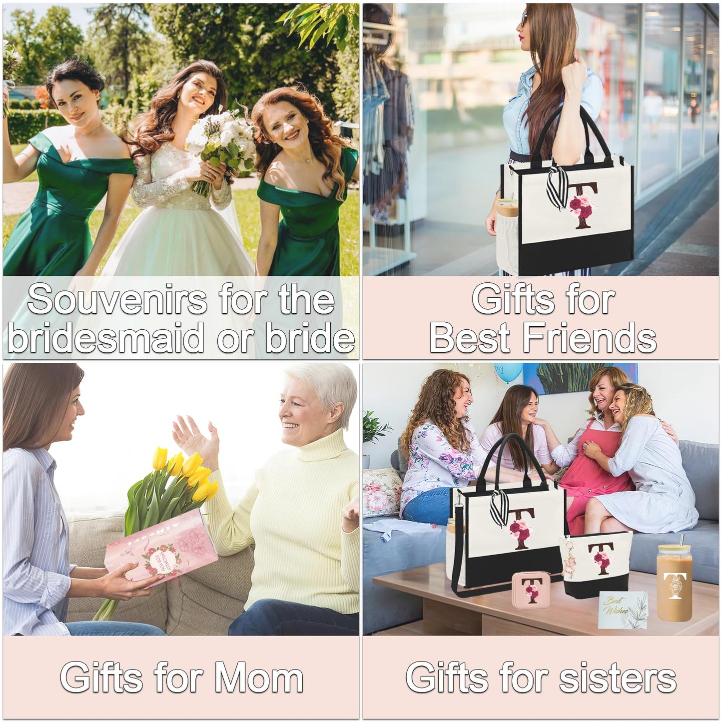 Mother's Day Gifts,Birthday Gift for Women,Initial Canvas Tote Bag,Personalized Gifts for Women,16oz Glass Cup With Straw,Jewelry Storage Box,Monogrammed Gift for Woman Mom Sister Bestie-T