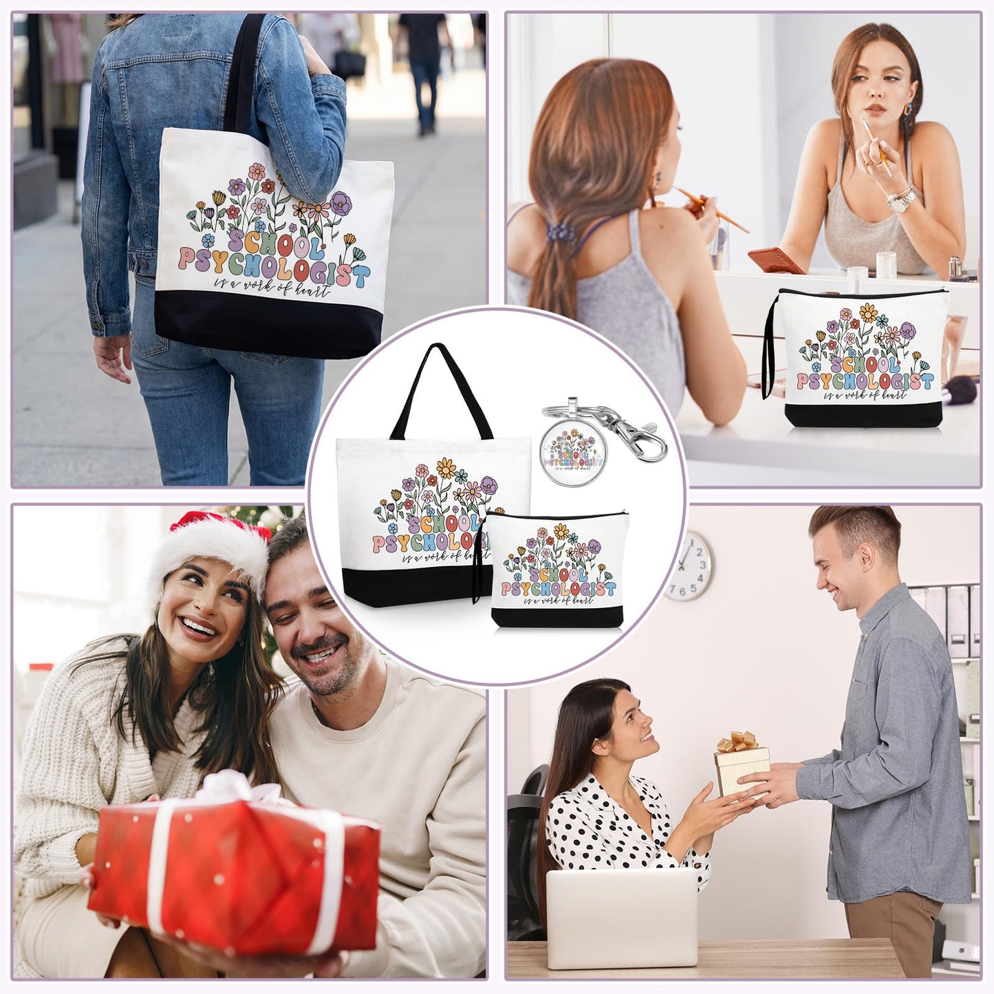 Kacctyen School Psychologist Appreciation Gifts Sets Canvas Tote Bag Makeup Cosmetic Bag Teacher Thank You Keychains for Women Employee Coworker Staff