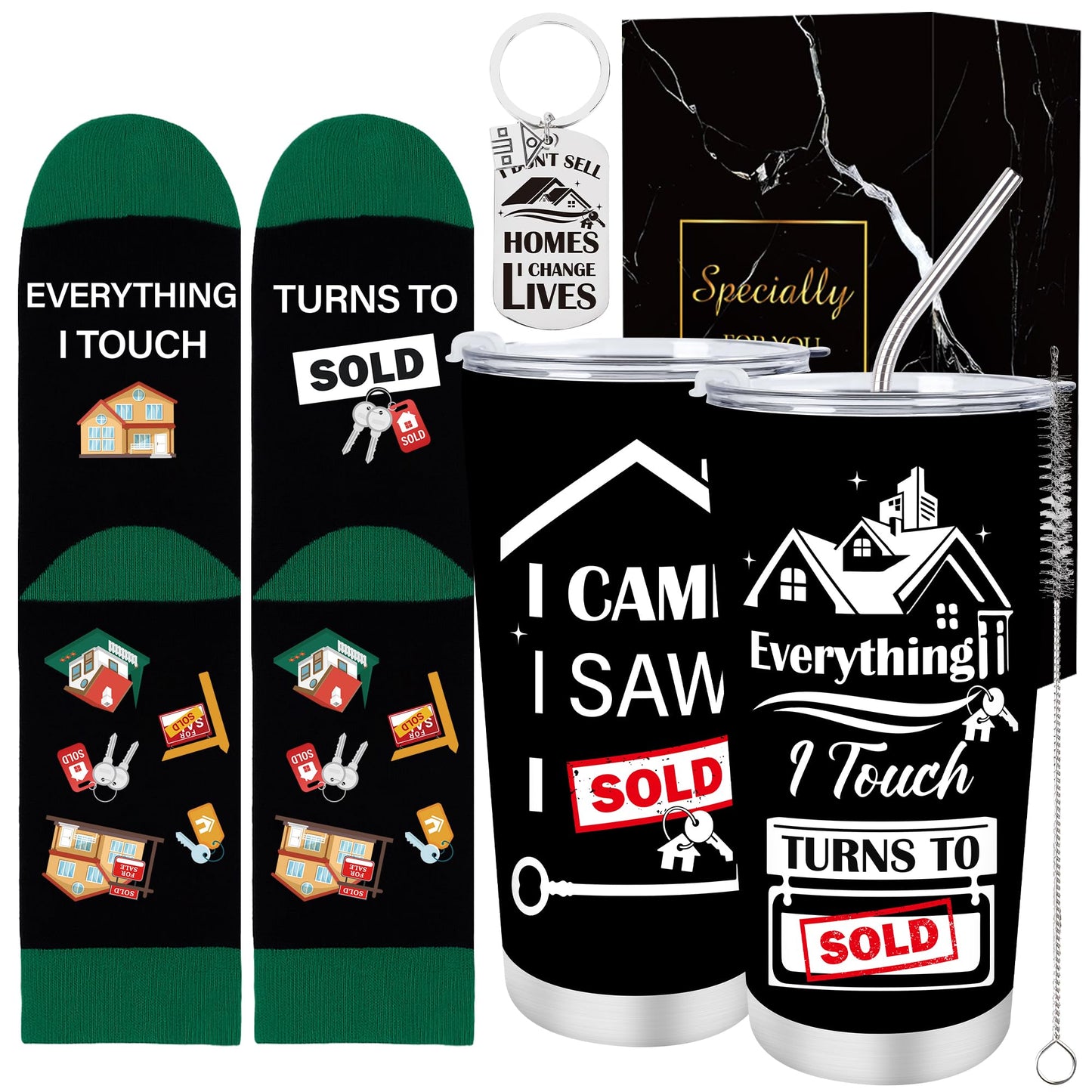 Keluna Realtor Gifts for Women Men - 3Pcs Real Estate Agent Gifts, 20oz Realtors Tumbler with Lid Straw, Keychain, Socks, Funny Christmas Birthday Closing Presents for Real Estate Agent Salesman