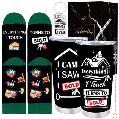 Keluna Realtor Gifts for Women Men - 3Pcs Real Estate Agent Gifts, 20oz Realtors Tumbler with Lid Straw, Keychain, Socks, Funny Christmas Birthday Closing Presents for Real Estate Agent Salesman