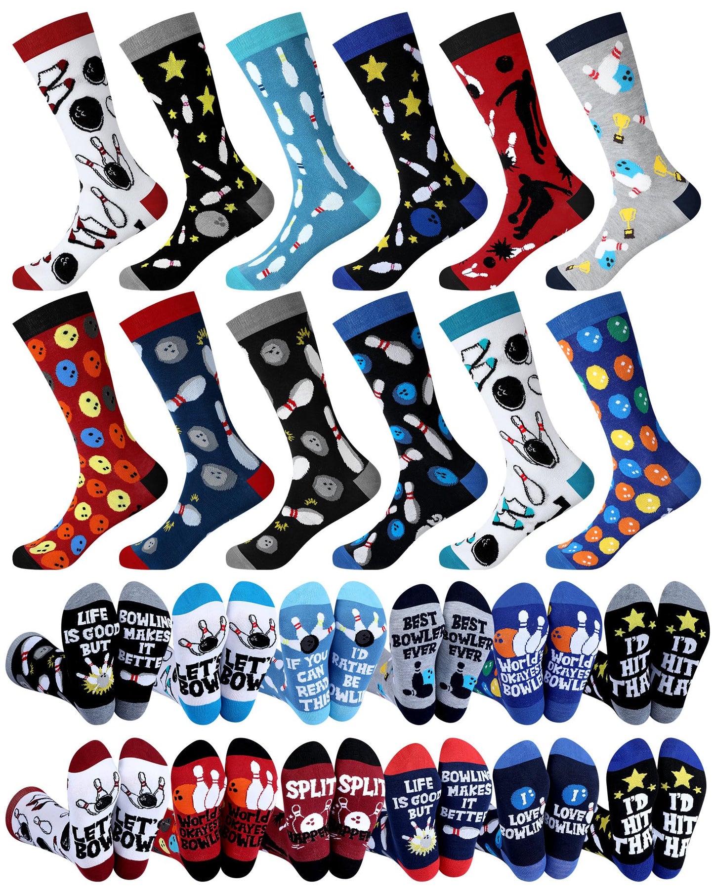 Patelai 12 Pairs Funny Bowling Socks for Men Novelty Sport Cotton Crew Socks Accessories for Bowling Lover Team Player Gifts