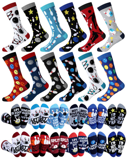 Patelai 12 Pairs Funny Bowling Socks for Men Novelty Sport Cotton Crew Socks Accessories for Bowling Lover Team Player Gifts