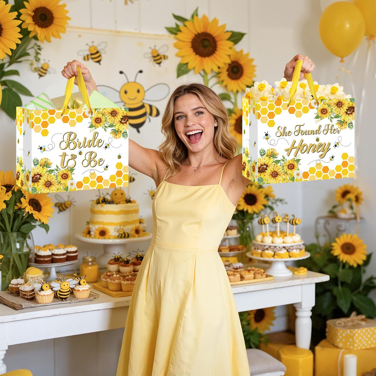 Bride Gift Bag Bee Bridal Shower Party Gift Bags with Tissue Paper and Card Bridal Gift Wrapping Paper Bag Honey Bee Sunflower Bachelorette Engagement Wedding Bags for Bride to Be Party Decorations