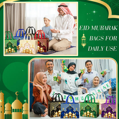 Yoojahow 12 Pcs Eid Mubarak Gift Bags with Handles 12.6 x 9.8 x 6.7 Inch Large Reusable Ramadan Tote Bags Eid Mubarak Non-Woven Treat Goodie for Gifts Wrapping Shopping Ramadan Party Supplies