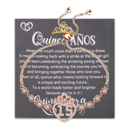 FEELMEM Quinceanera 15 Quince Anos Princess Crown Charm Bracelet Happy 15th Birthday Gift