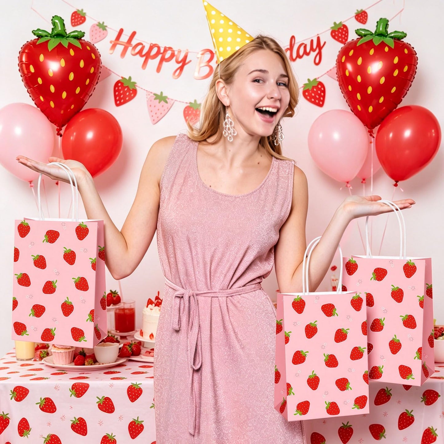 Lemicin 12 Pcs Strawberry Gift Bags Strawberry Party Favor Gift Bags Pink Berry Sweet Paper Candy Treat Goodie Bag with Handles for Birthday Baby Shower Summer Holiday Party Supplies