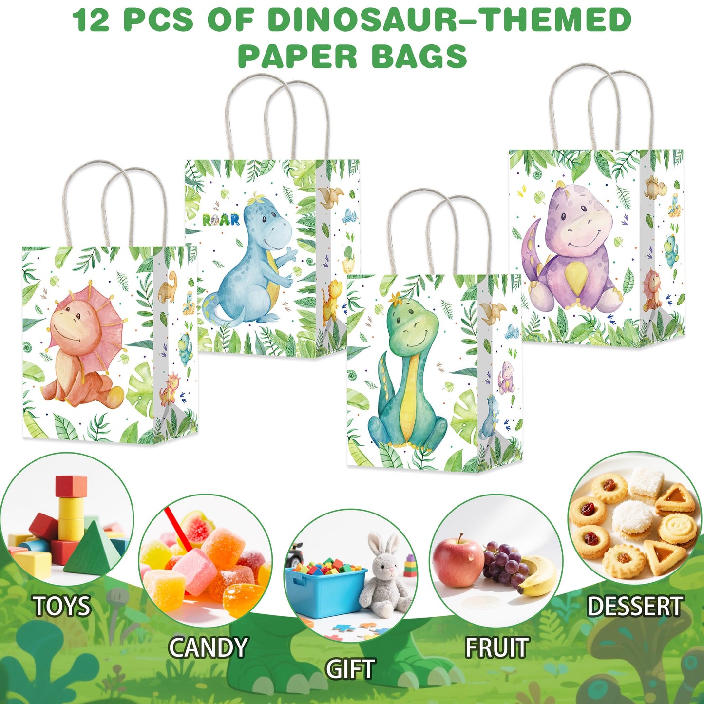 12Pcs Dinosaur Gift Treat Bags with Handles Dinosaur Theme Paper Tote Bags for Dinosaur Baby Shower Birthday Party Decorations Dino Roar Party Supplies
