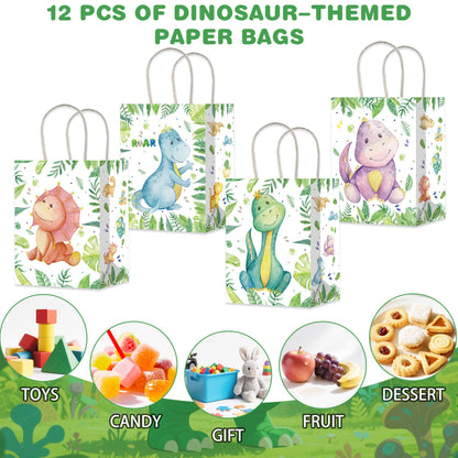 12Pcs Dinosaur Gift Treat Bags with Handles Dinosaur Theme Paper Tote Bags for Dinosaur Baby Shower Birthday Party Decorations Dino Roar Party Supplies