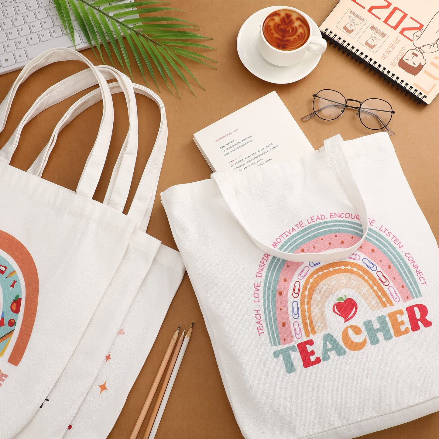 Mixweer 4 Pcs Teacher Appreciation Gifts Bags Teacher Canvas Tote Bags for Women Christmas School Supply(Rainbow Style)
