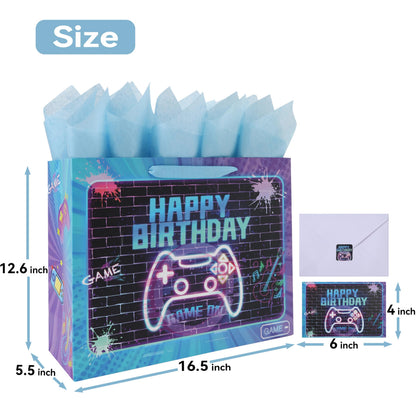 wishinside 16.5'' Extra Large Gamer-themed Birthday Gift Bag Set with Handles, Greeting Card, Tissue Papers and Stickers for Boys Girls Kids Teens Men Women, Game Design, 1 Pcs