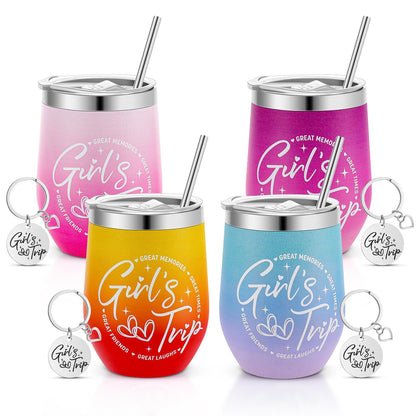 4 Pack Girl's Trip Tumbler Set with Lids 12 Oz Stainless Steel Travel Wine Tumbler for Girls Women Friendship Travel Weekend Trip Vacation Bachelorette Party Camping Gifts