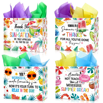 Kolldenn 12 Pcs End of Year Teacher Gifts Appreciation Gift Bag with Tissue Paper 10 x 8 x 4'' Medium Summer Thank You Teacher Wrapping Bag with Tag for Retirement School Year End Appreciation