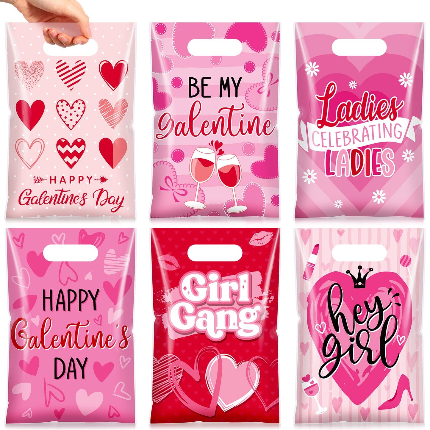 Teenyyou 60 Pcs Galentines Day Gift Bags Pink Red Plastic Heart Treat Bags Small Valentines Goodie Handbags for Women Sweet Day Friendship Party Supplies