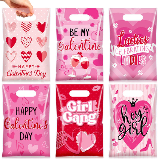 Teenyyou 60 Pcs Galentines Day Gift Bags Pink Red Plastic Heart Treat Bags Small Valentines Goodie Handbags for Women Sweet Day Friendship Party Supplies