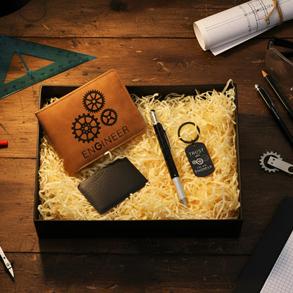4 Pcs Engineer Gifts Set for Men with Retro Brown Wallet 6 in 1 Multi Tool Pen Retro Keychain 11-in-1 Credit Card Multitool Engineer Gift Box for Men Birthday Party Favors