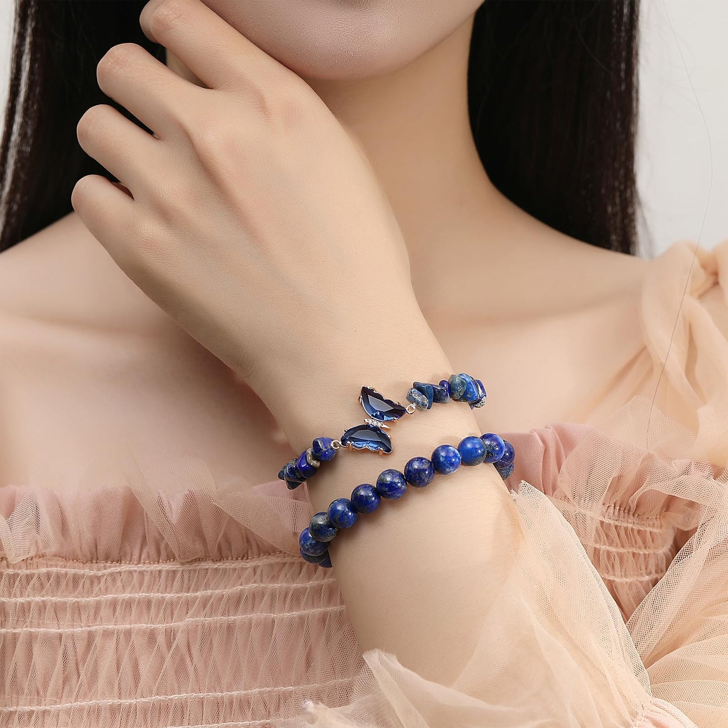 DUQGUHO 2Pcs Butterfly Bracelets for Women Healing Crystals Bracelets for Women Natural Gemstone Bead Bracelet Cute Butterfly Charm Bracelet Stretch 8mm Crystal Jewelry Gifts for Women