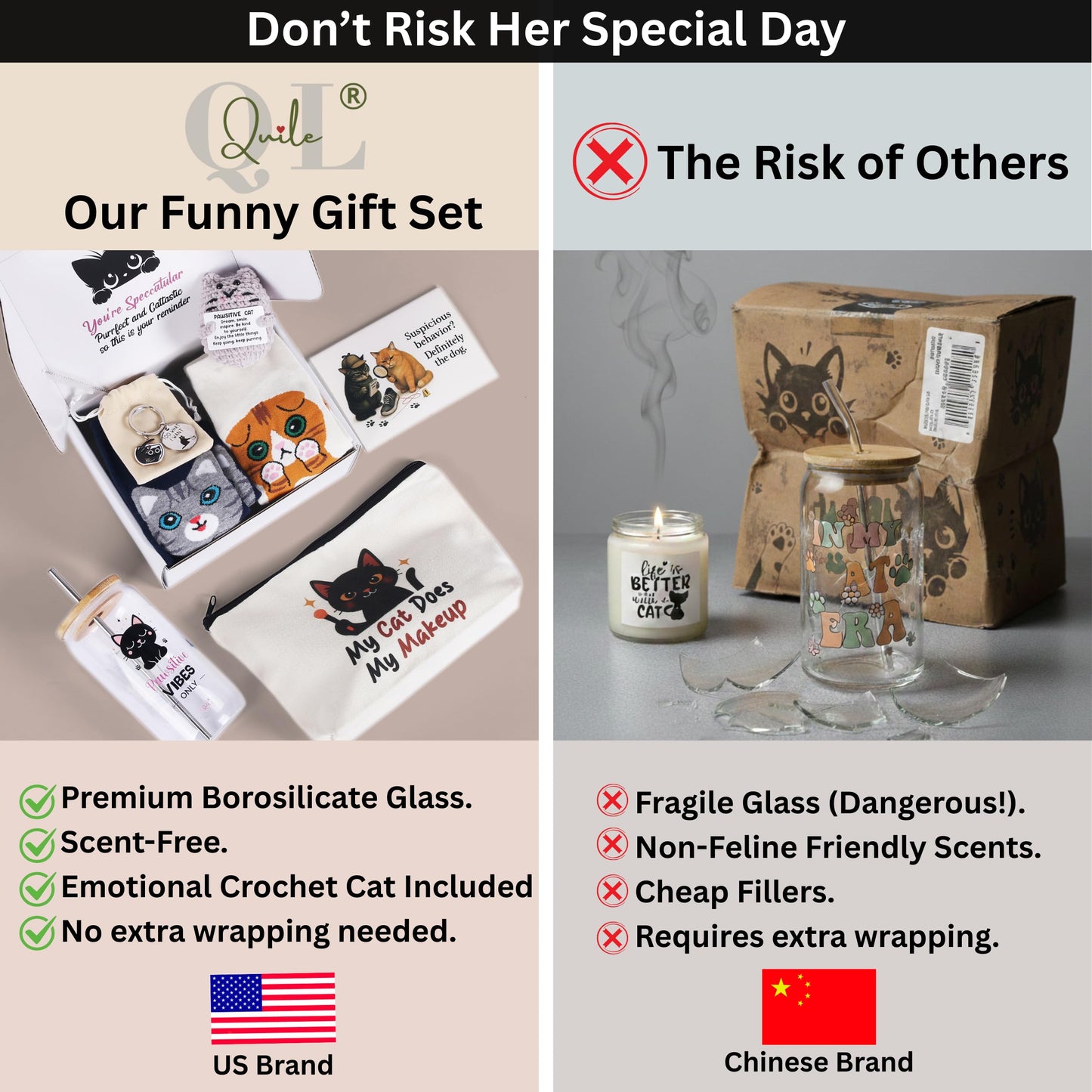 Fun Cat Lover Gifts for Women, Premium Cats Themed Gifts Set with Borosilicate Glass Cup Crochet Doll & Socks, Crazy Cats Lady Gift Basket for Birthday & Christmass, Cat Mom Gifts Box for Women