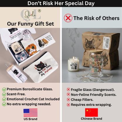 Fun Cat Lover Gifts for Women, Premium Cats Themed Gifts Set with Borosilicate Glass Cup Crochet Doll & Socks, Crazy Cats Lady Gift Basket for Birthday & Christmass, Cat Mom Gifts Box for Women