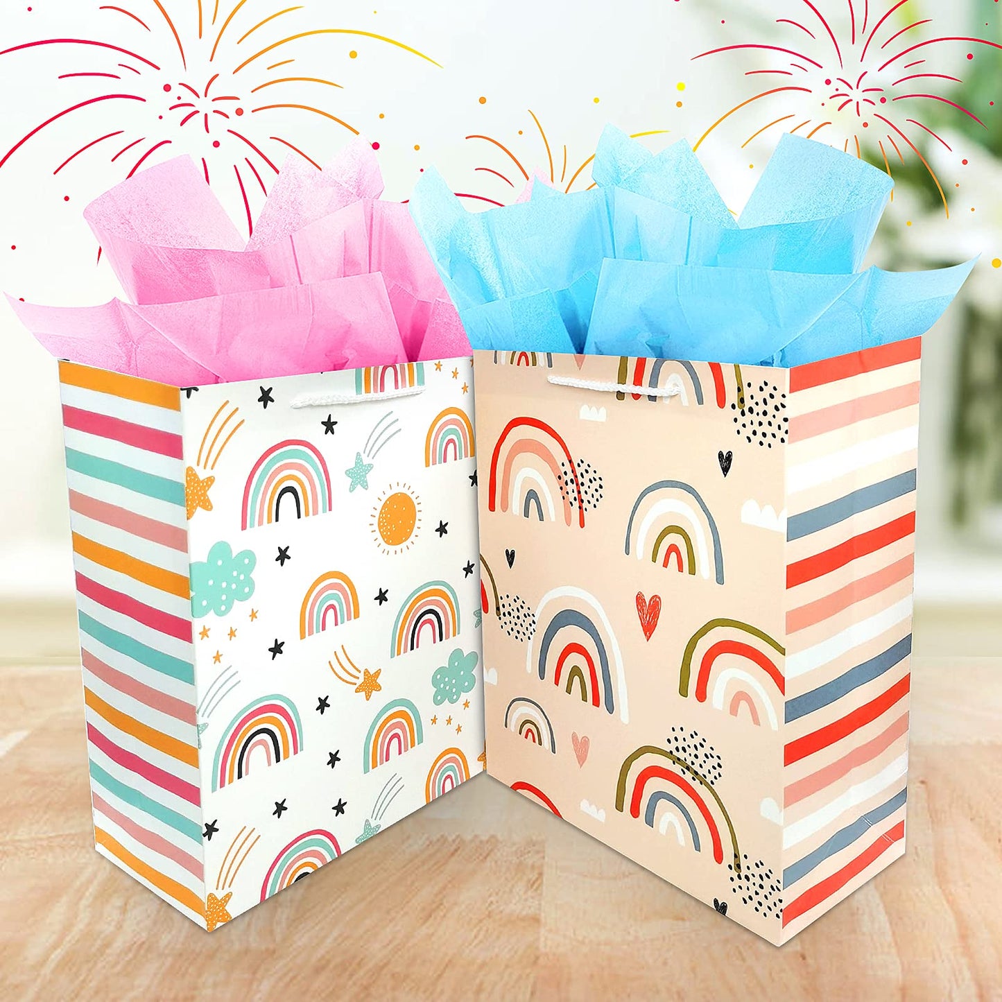 Gift Bag for Girls, Birthday Large Gift Bag Bulk Set Included 2 Pack Paper Gift Bags with Tissue Paper, Rainbow Gift Bags for Kids, Baby, The Colorful Pink Red Gift Bags with Handles, The Pretty Present Bag Gift Bags for Birthday, Party, Baby Shower...