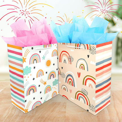 Gift Bag for Girls, Birthday Large Gift Bag Bulk Set Included 2 Pack Paper Gift Bags with Tissue Paper, Rainbow Gift Bags for Kids, Baby, The Colorful Pink Red Gift Bags with Handles, The Pretty Present Bag Gift Bags for Birthday, Party, Baby Shower...