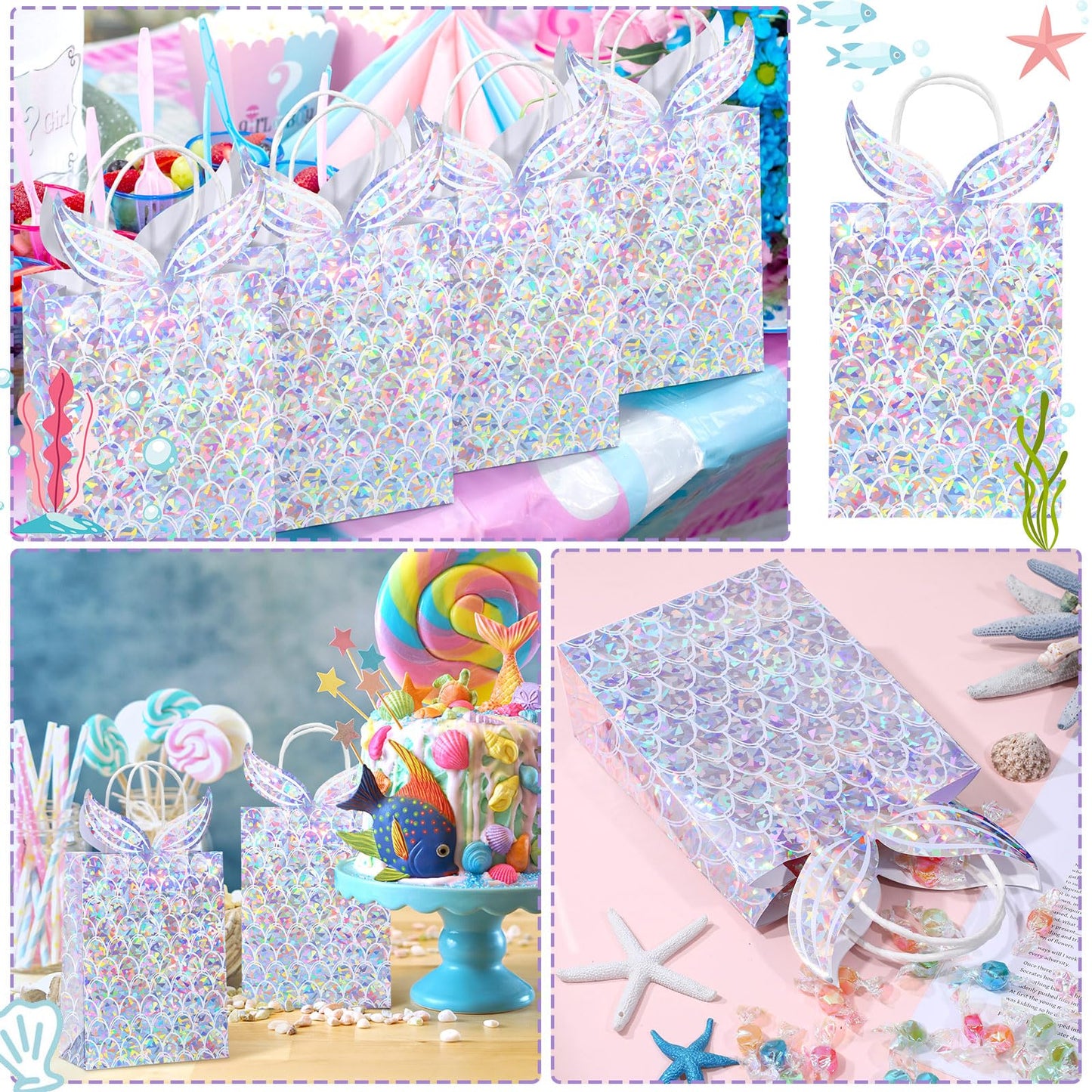 Watersay 24 Pcs Holographic Mermaid Gift Bags Iridescent Mermaid Party Favor Goodie Candy Treat Bags with Handles for Birthday Baby Shower Little Decorations