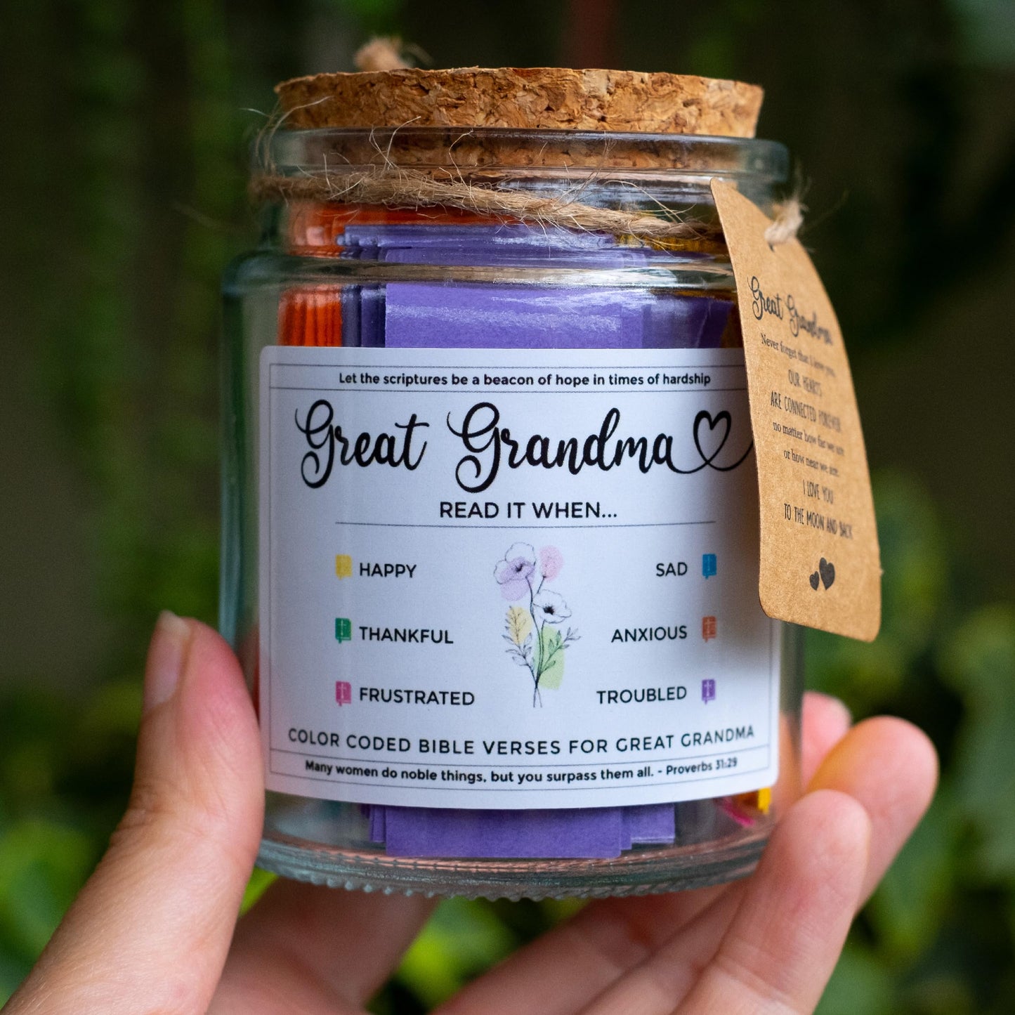 Mothers Day Gift for Great Grandma, Great Grandma Bible Verse Jar, Birthday, Christmas Idea From Grandkids, Decorative Glass Inspirational Scripture Jar with 96 Bible Verses