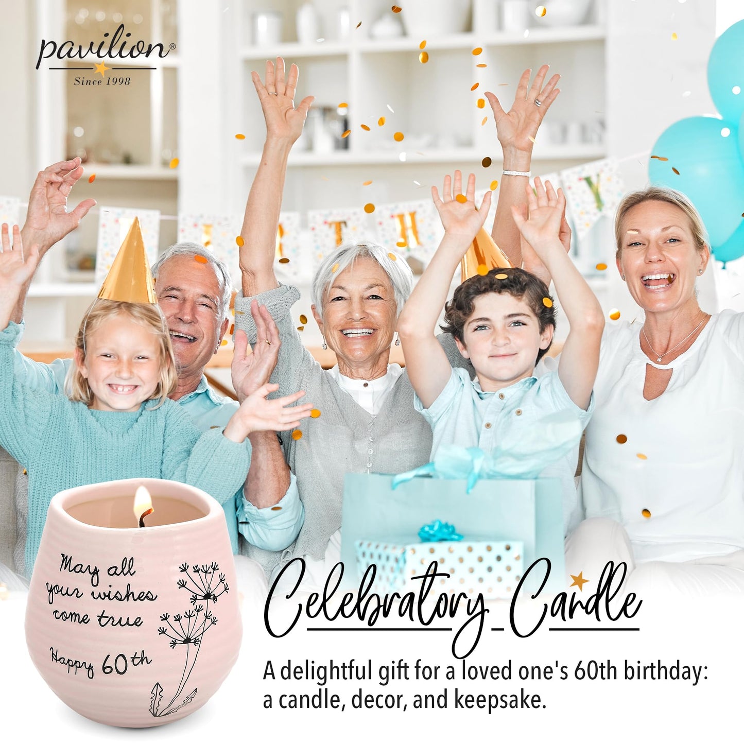 Pavilion - 8 Oz Candle Holder - Pink Ceramic Candle Jar with 100% Soy Wax Candle Serenity Scent "May all your wishes come true Happy 60th" Ideal Gift for Loved Ones - Printed Text, Love Theme & Oval