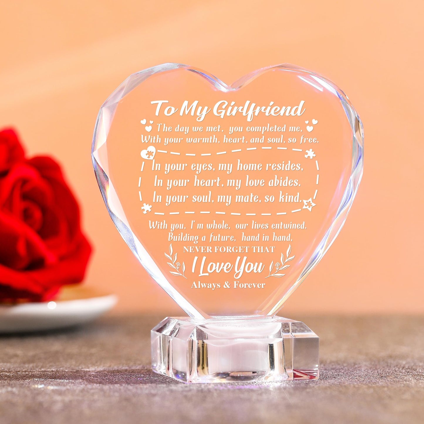 Unique Gifts for My Girlfriend, Love Crystal Gift for Girlfriend Christmas Day Birthday, Engraved Crystal Heart with Rechargeable Color-Changing LED Base, Perfect Christmas Gifts (Girlfriend)
