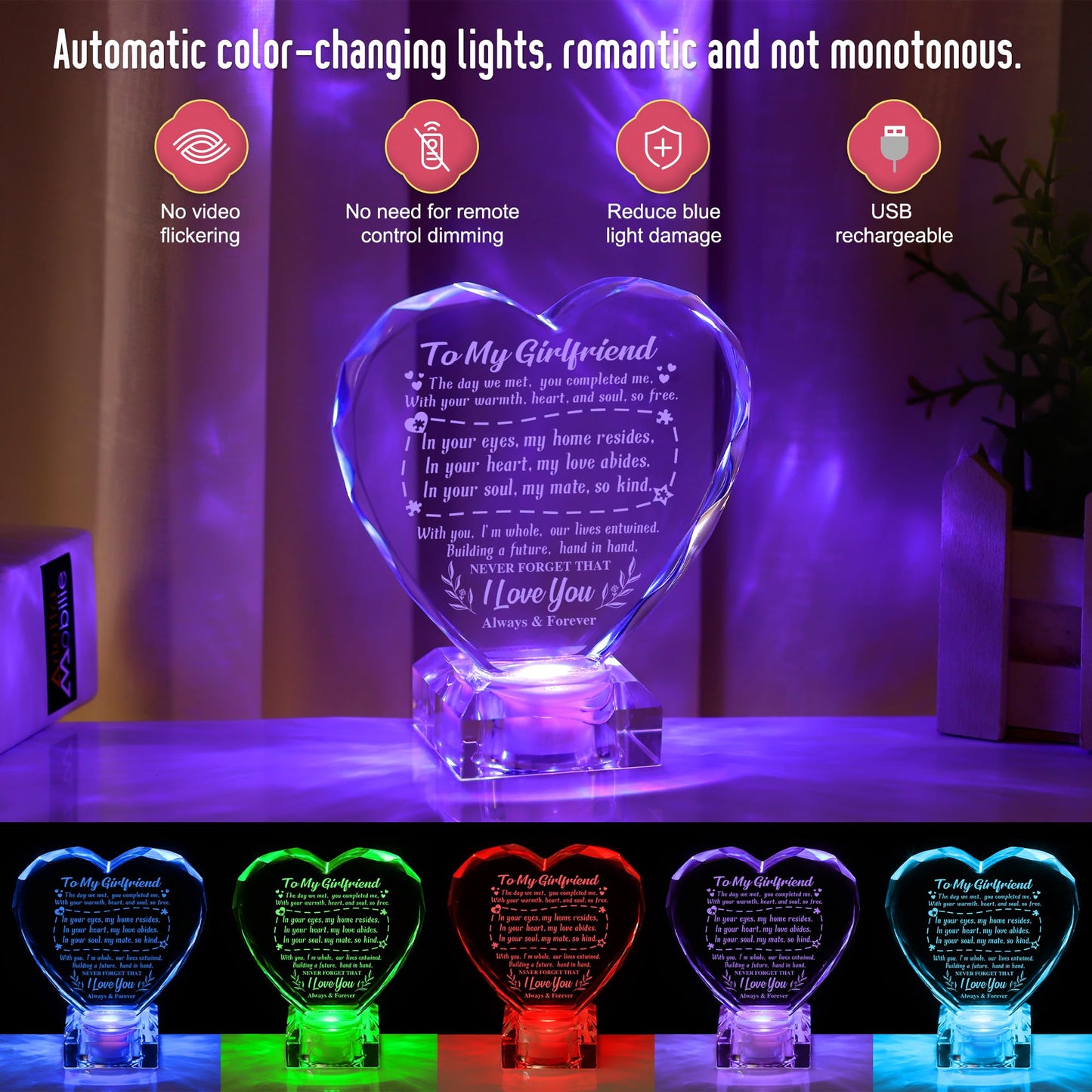 Unique Gifts for My Girlfriend, Love Crystal Gift for Girlfriend Christmas Day Birthday, Engraved Crystal Heart with Rechargeable Color-Changing LED Base, Perfect Christmas Gifts (Girlfriend)