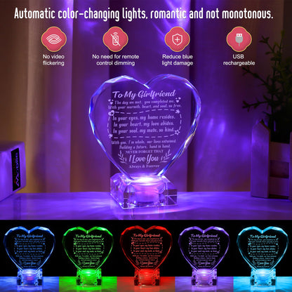 Unique Gifts for My Girlfriend, Love Crystal Gift for Girlfriend Christmas Day Birthday, Engraved Crystal Heart with Rechargeable Color-Changing LED Base, Perfect Christmas Gifts (Girlfriend)