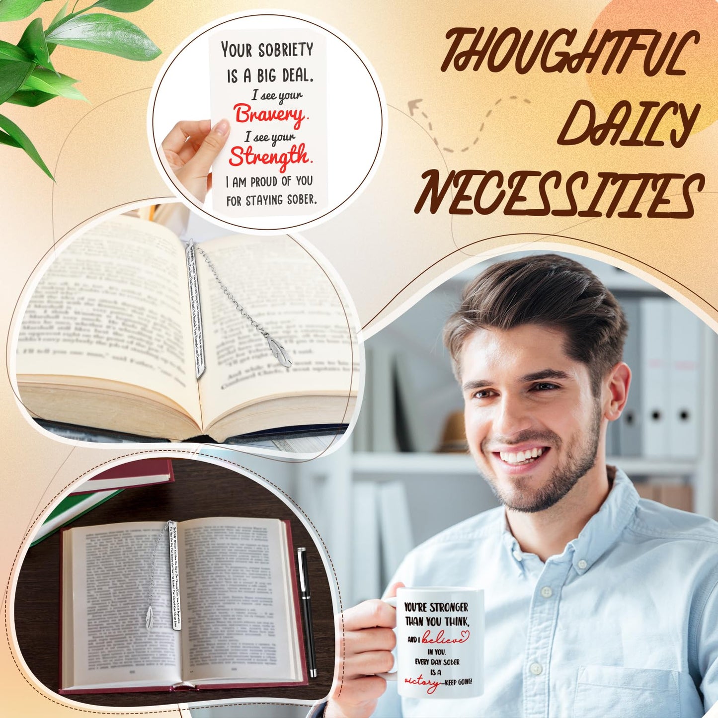 Marspark 7 Pcs Sobriety Gifts for Men Women Addiction Recovery Sober Anniversary Present Set Gifts Include Notebook Pen Candle Mug Keychain Greeting Card Bookmark