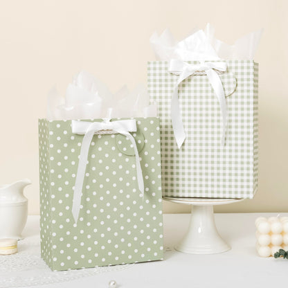 Crisky Sage Green Gift Bags Medium Size with Handles, Tissue Paper & Ribbon - 4 Pack 9"- Medium Gift Bags for Women Birthday Christmas Wedding Bridal Shower Graduation & New Year Gifts