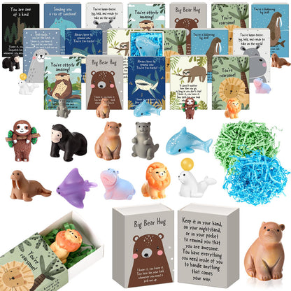 Soulchen 20 Sets Mini Emotional Gifts Bulk for Teacher Nurse Employee Positive Mental Health Stress Relief Gifts Resin Animal Figurines with Pun Box for Graduation End of Years Party Favors (Cute)